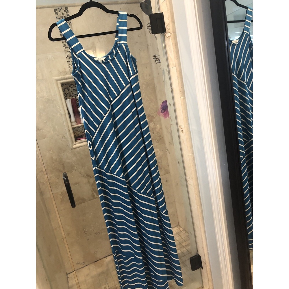 Soma Soft Jersey Wide Strap Maxi Dress Blue Green Striped Small NEW